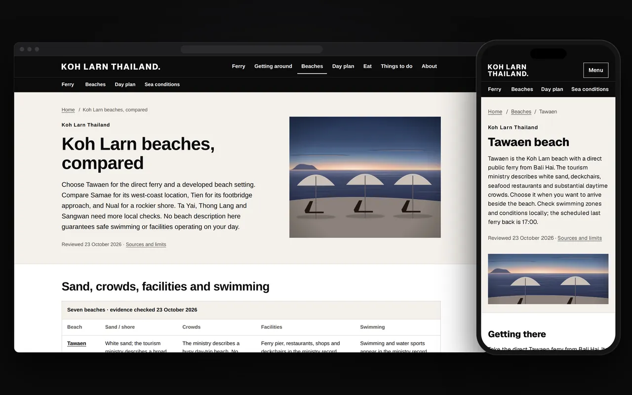 The beach comparison on a computer, seven beaches in one table for sand, crowds, facilities and swimming, and the Tawaen page on a phone.