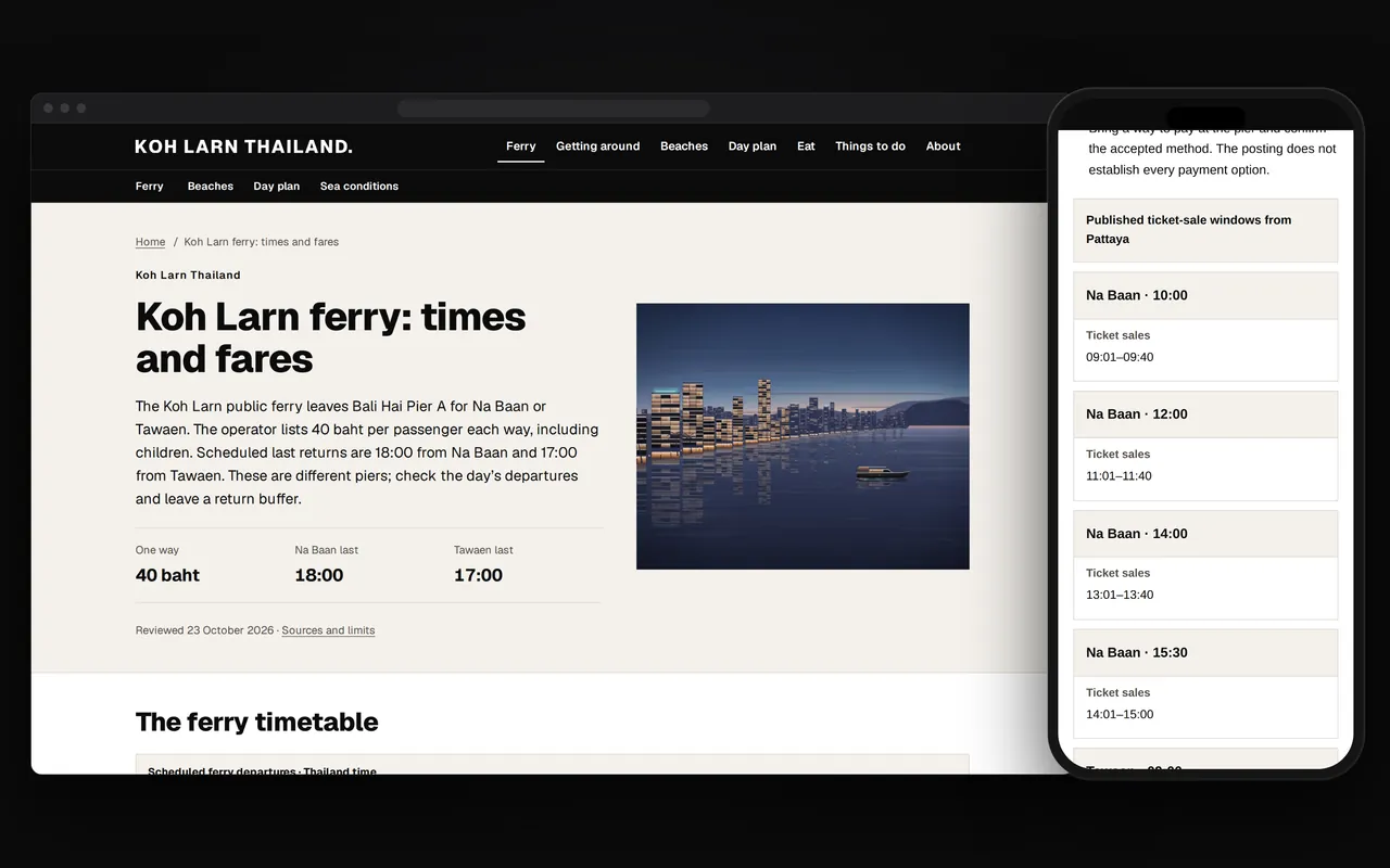 The ferry page on a computer, with its timetable and an illustration of the bay at dusk, and on a phone the published ticket-sale window for each departure.
