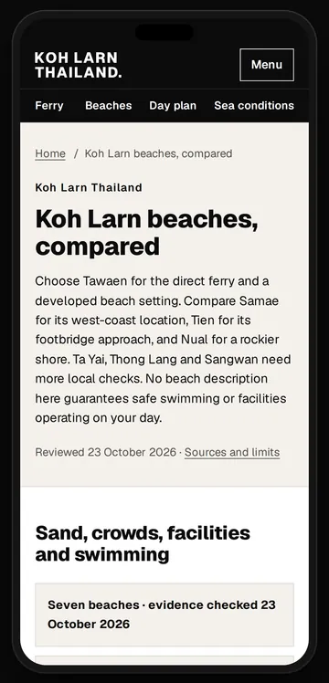 The beach comparison on a phone, with its evidence date and the open points marked.