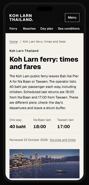 The ferry page on a phone: the scheduled last returns from Na Baan and Tawaen, with the review date.