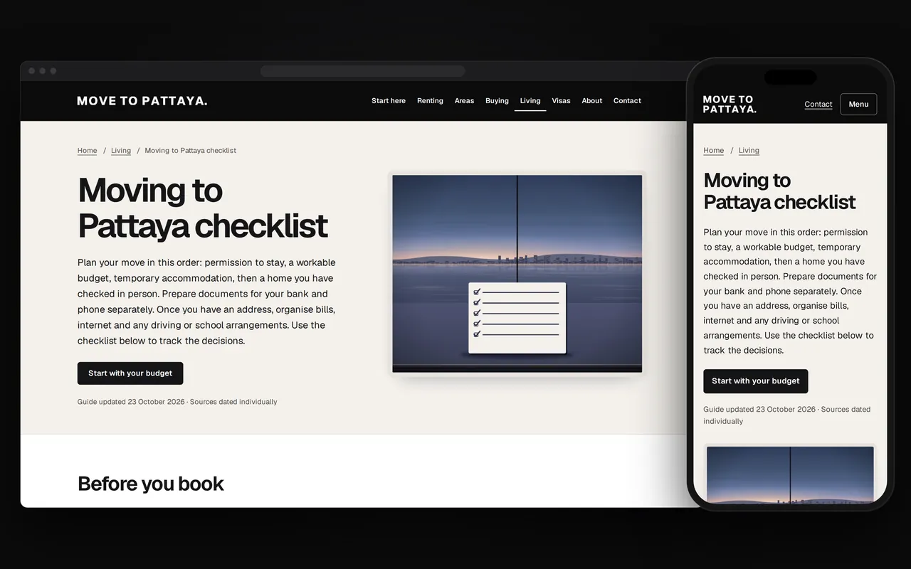 The moving checklist on a computer and a phone, in the order the decisions come.