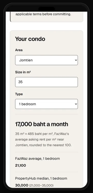 The rent calculator on a phone: area, size and type in, an asking-rent estimate out, from dated figures.