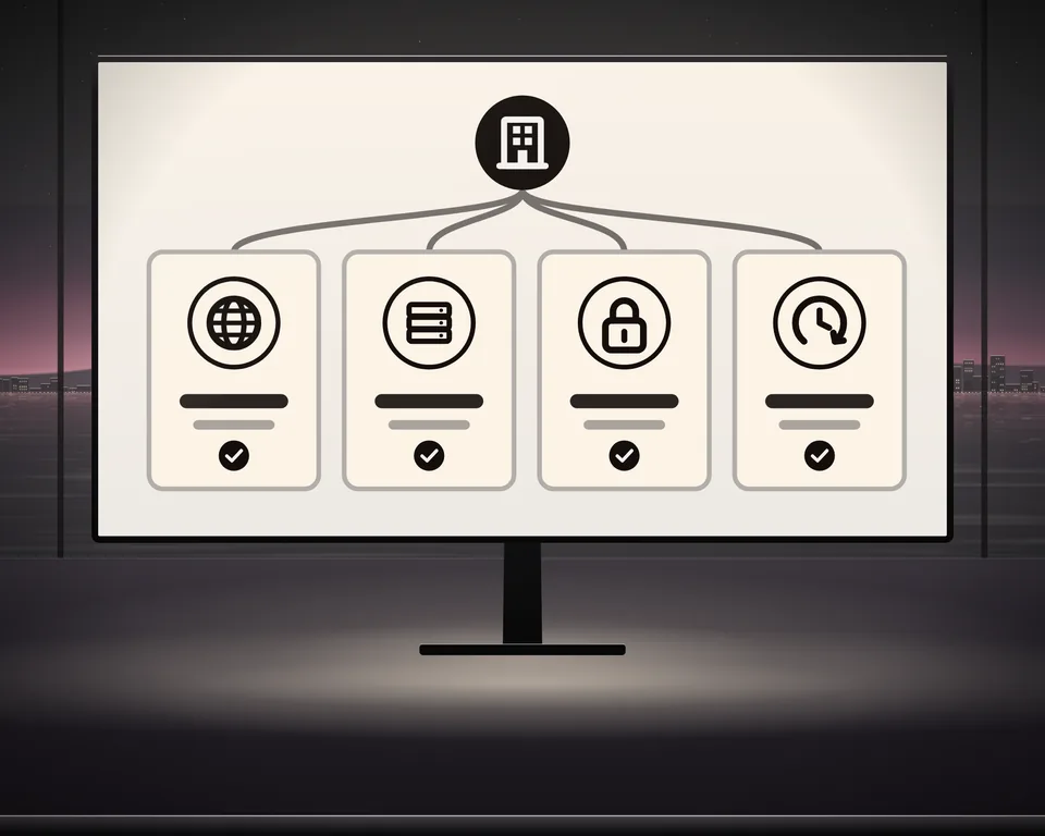Illustration: the accounts of a business on a wide screen at dusk: the business at the top, joined to its domain, hosting, HTTPS and backups, each ticked as looked after.