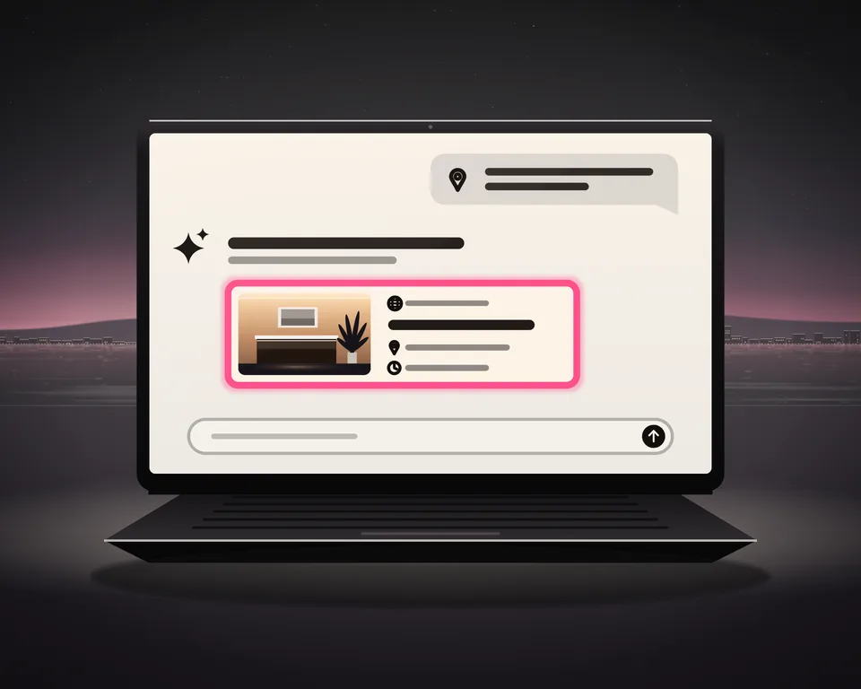 Illustration: a chat with an AI assistant on a laptop at dusk: a local question in a bubble, a short answer, and the one website it cites, lit, with the business’s address and hours.