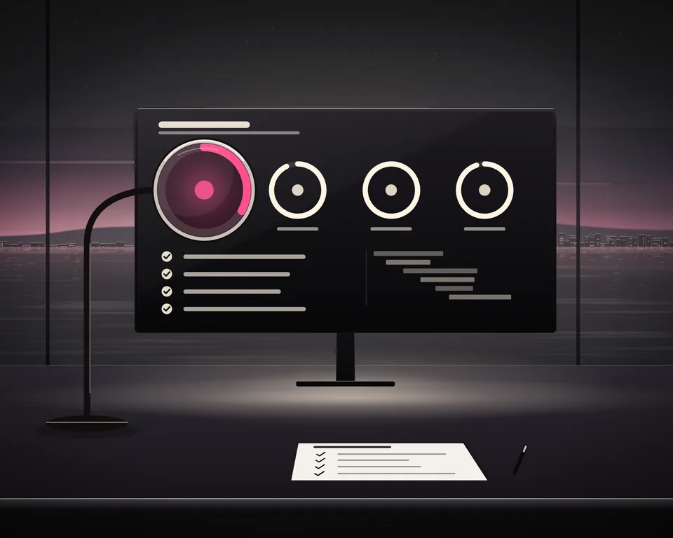 Illustration: a website audit on a wide screen at dusk, one score ring lit and magnified by a desk magnifier, a checklist on the desk.