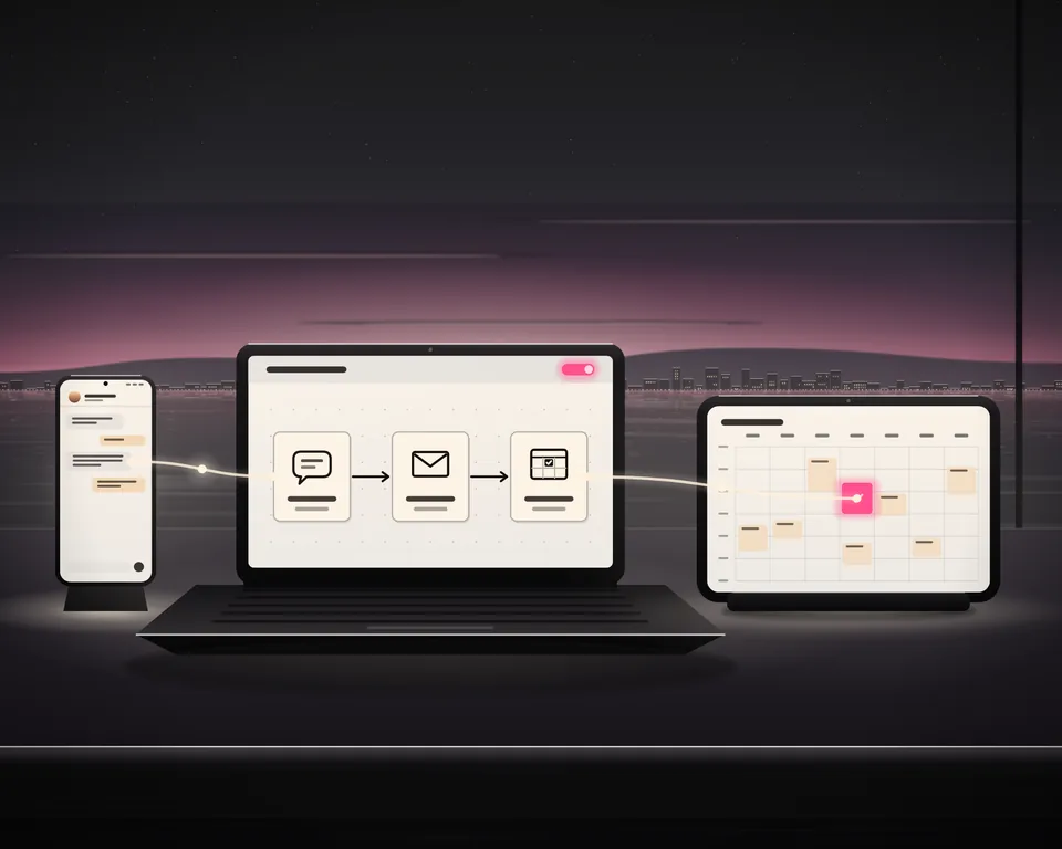 Illustration: an automation at dusk: a message on a phone runs by itself through three steps on a laptop, message, mail and booking, into a calendar on a tablet.