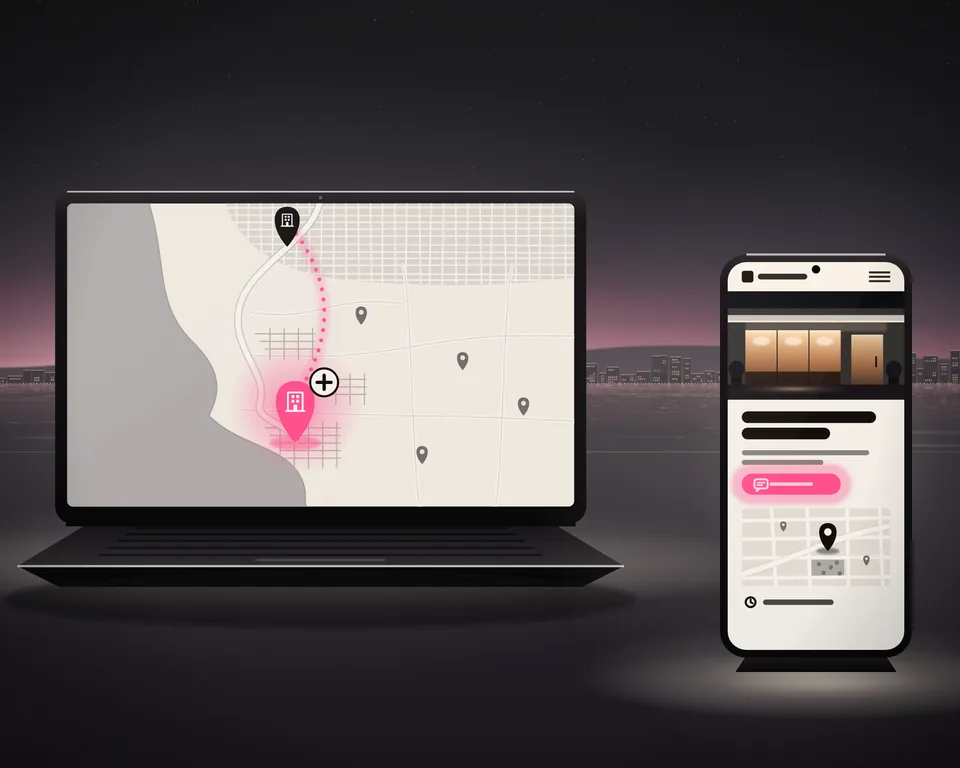 Illustration: a map on a laptop at dusk: the business’s pin in a city at the top, a road down the coast to a bay, the same pin lit there with a plus and a dotted line between them, and the new branch’s website on a phone.