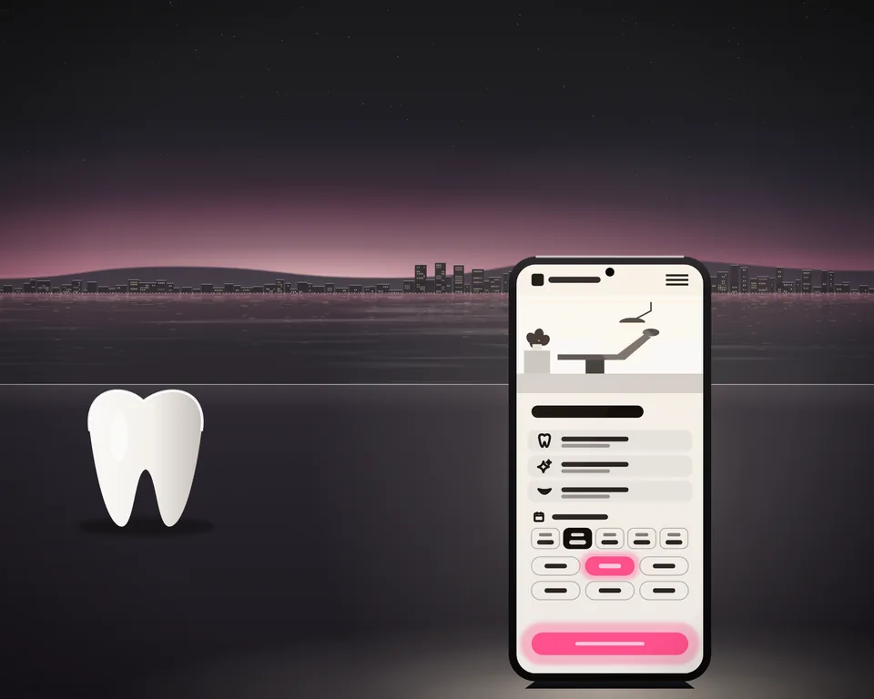 Illustration: a clinic’s website on a phone at dusk, a dentist’s chair in a bright room as its picture, its services, its appointment times with one chosen and a lit button to ask for it, beside a white model of a tooth.