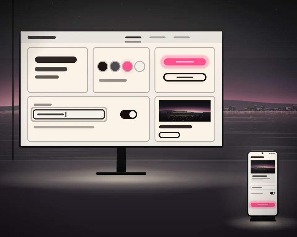 Illustration: a design system on a wide screen at dusk, with type sizes, colours, buttons, a form and a card, and a phone screen built from those parts.
