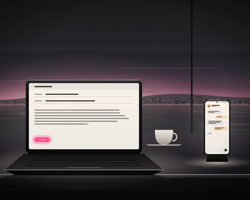 Illustration: a new mail being written on a laptop, its send button lit, and a chat on a phone at dusk, the bay beyond.