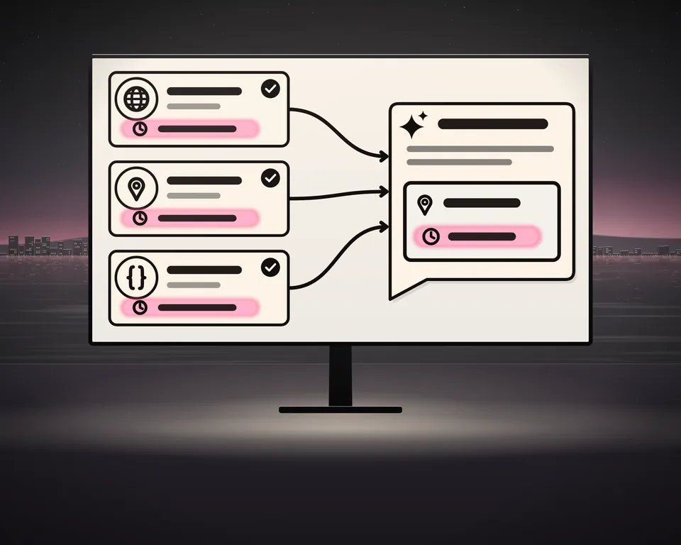 Illustration: the same opening hours on a business’s website, its map listing and its structured data, each ticked and lit, joined to one AI answer that gives the same hours.