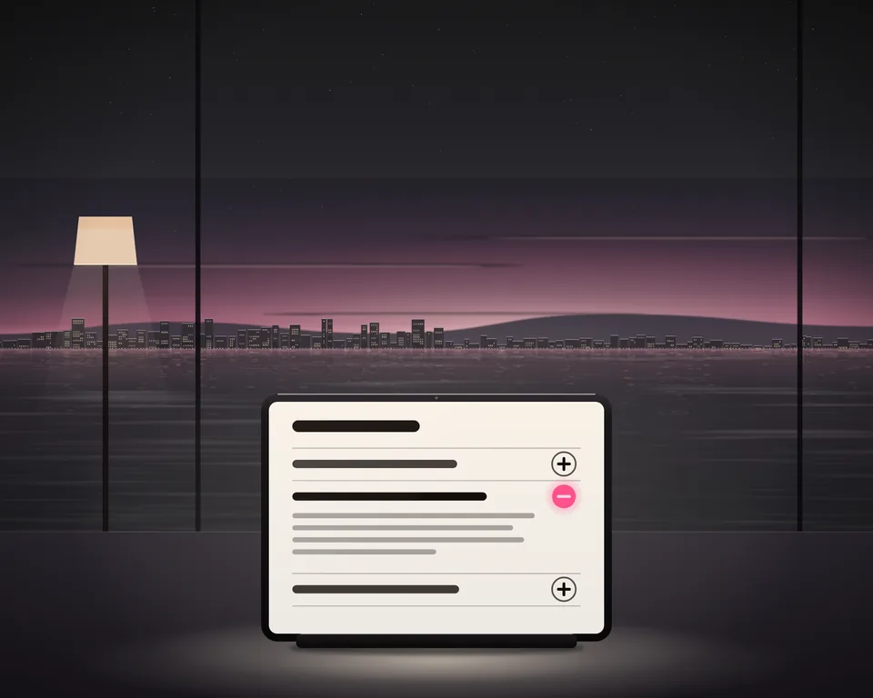 Illustration: a tablet on a desk at dusk showing a list of questions with one answer open, a floor lamp and the bay behind.