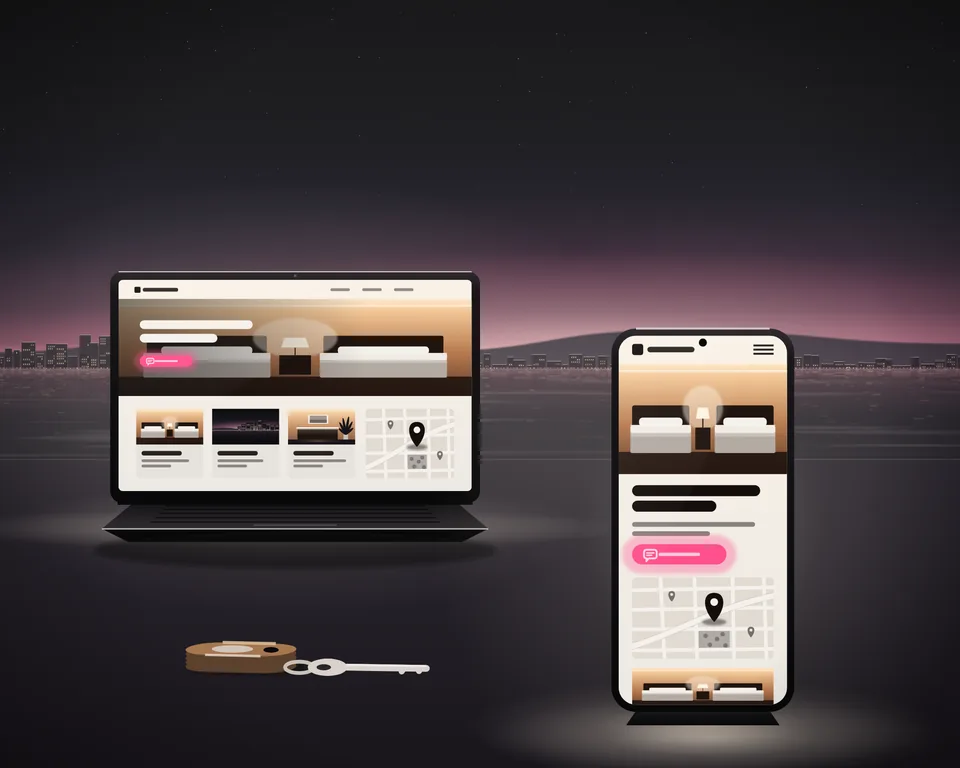 Illustration: a guesthouse’s website on a phone and a laptop at dusk, a room with two beds as its picture, a lit button to ask and a street map, and a room key on a wooden fob on the counter.
