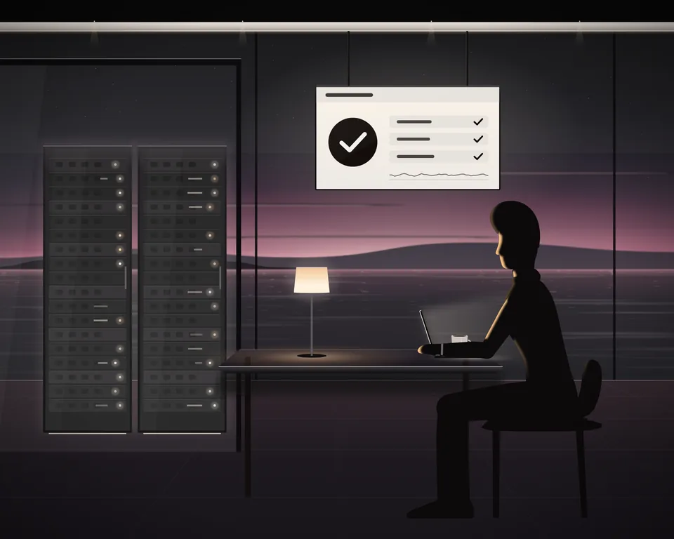 Illustration: late in the evening, someone at a desk looks after the websites on a laptop, a lamp and a coffee beside him; the screen above shows a large tick and every service ticked, and two server cabinets stand in a glass room behind.
