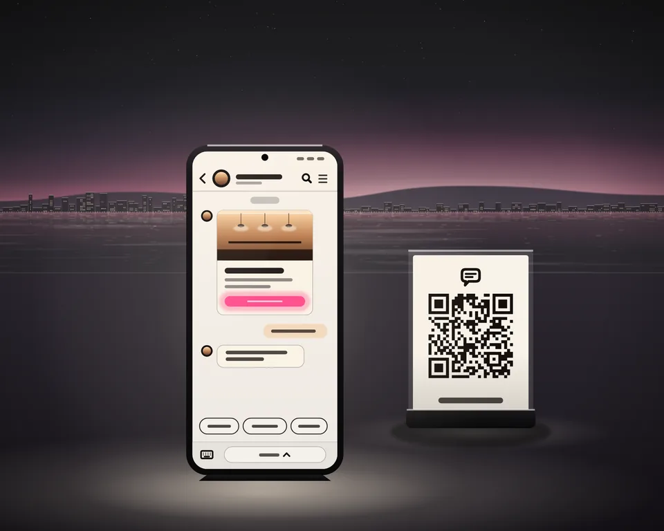Illustration: a business’s chat on a phone at dusk, its greeting with a picture and a lit button, a question and an automatic reply, and beside it a table stand with our LINE code to scan.