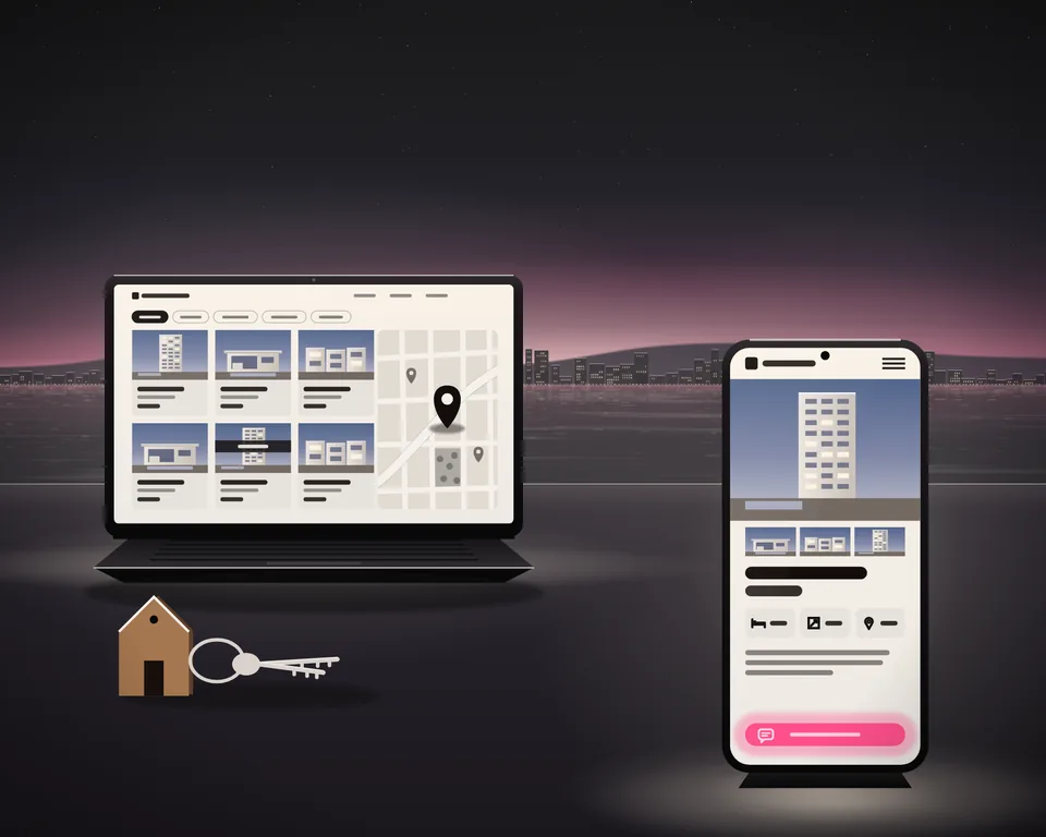 Illustration: a real estate agent’s website at dusk, its listings with a photo of each building and a map on a laptop, one listing on a phone with a lit button to ask, and house keys on a ring with a house-shaped tag.