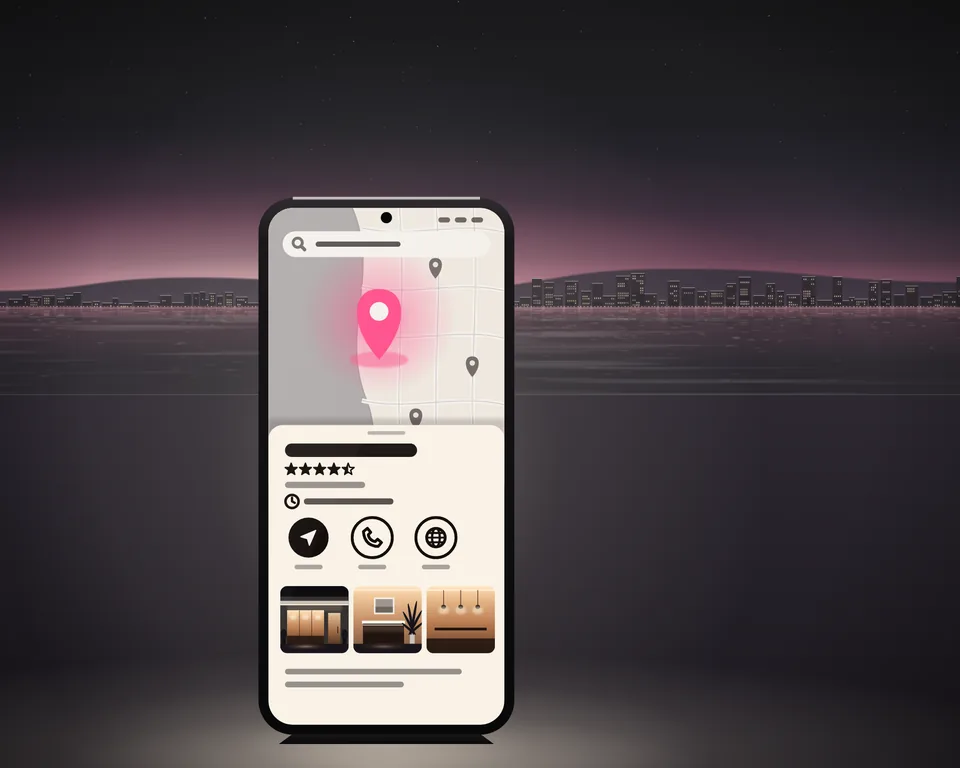 Illustration: a business on a map on a phone at dusk, its pin lit and its listing below: four and a half stars, its hours, buttons for directions, a call and its website, and its photos.