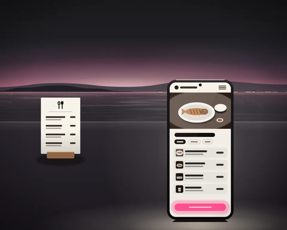 Illustration: a restaurant’s website on a phone at dusk, a grilled fish as its picture, its menu with a small picture of each dish and a lit button to book a table, beside a menu card on the table.