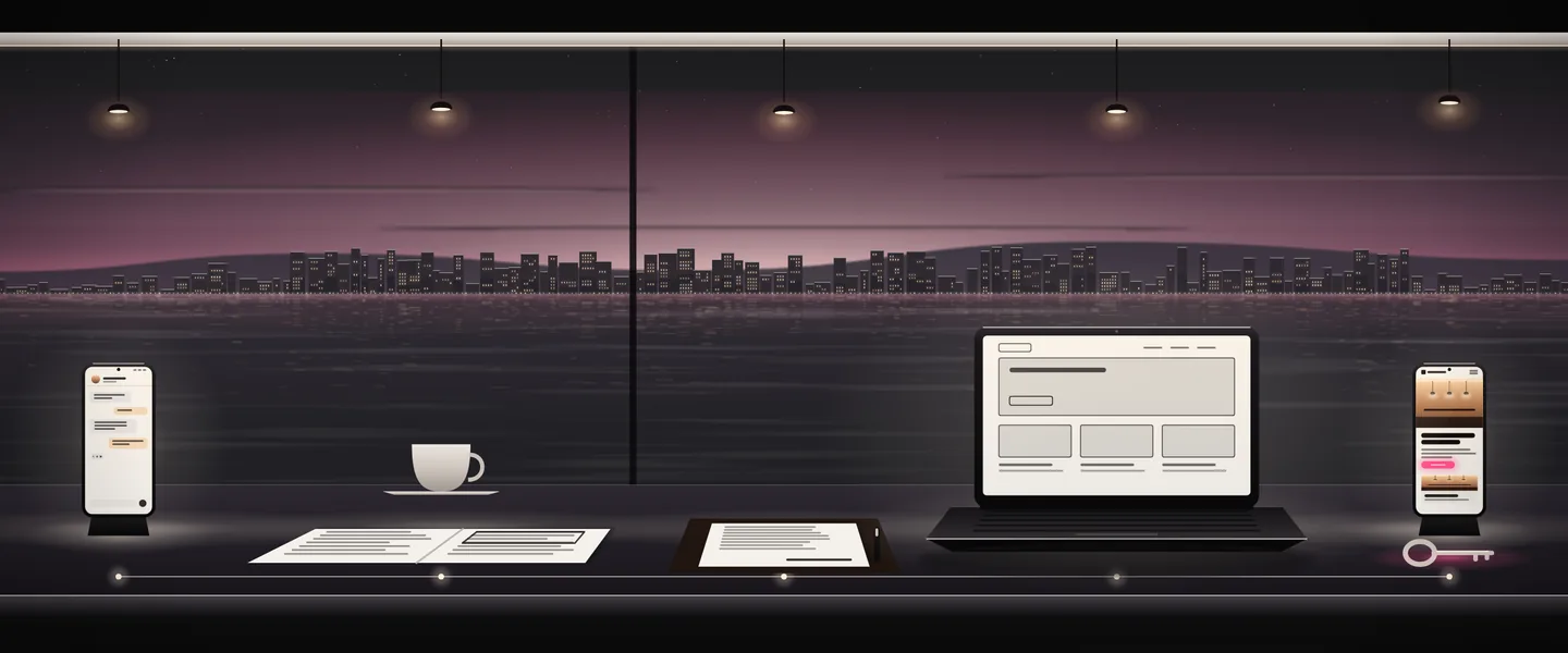 Illustration: a long table at dusk laid out in five steps: a message, a notebook, a written quote, a laptop and a finished website with a key.