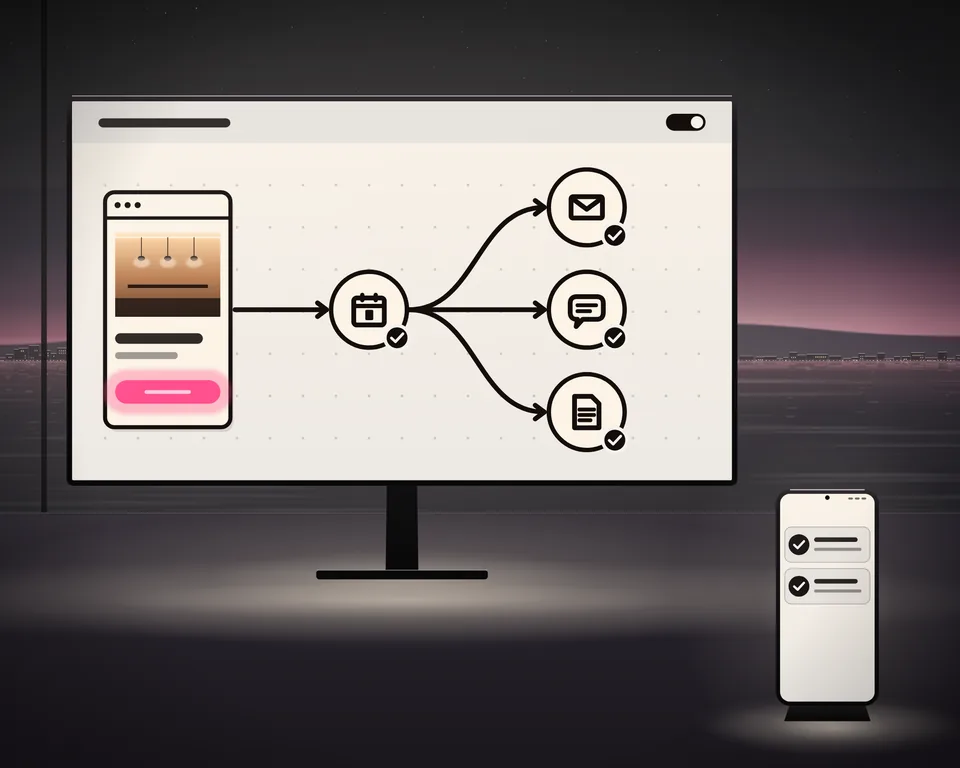 Illustration: the map of an automation on a wide screen at dusk: a booking on the website goes into the calendar and on to a mail, a message to the team and an invoice, each step ticked; a phone shows that it ran.