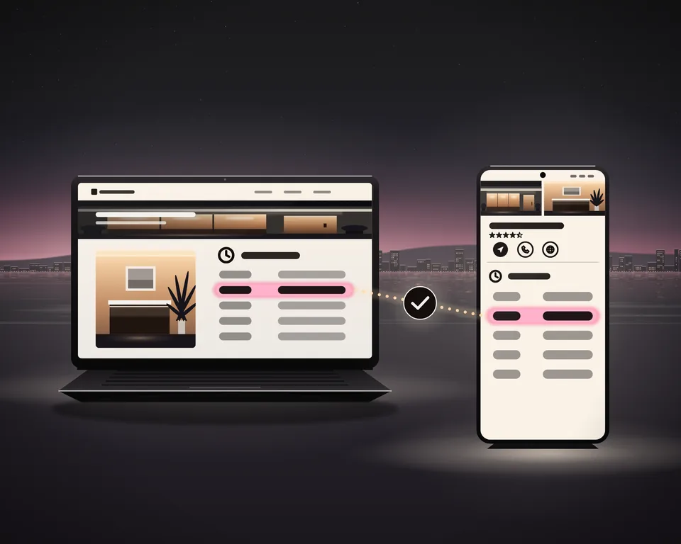 Illustration: a business’s website on a laptop and its map listing on a phone at dusk, the same opening hours on both, today’s lit on each, joined by a ticked dotted line.