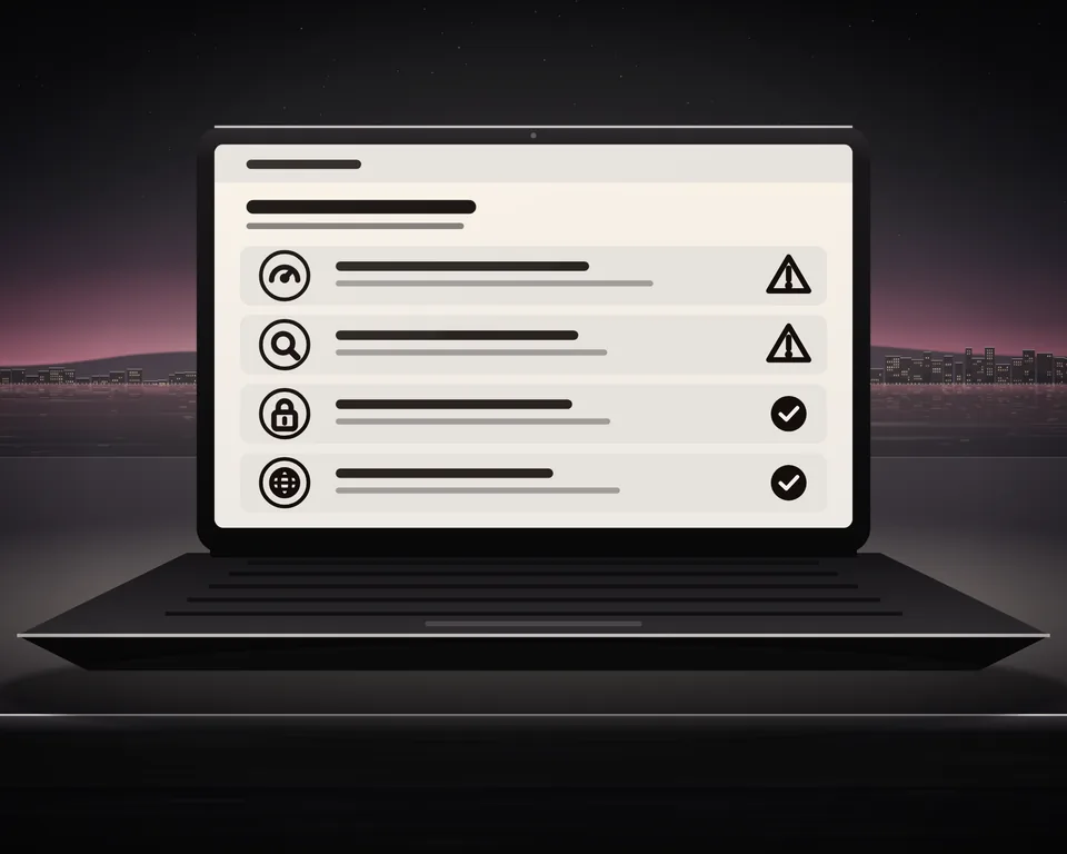 Illustration: an audit report on a laptop at dusk: speed and search marked to fix first, security and the domain ticked as passed.