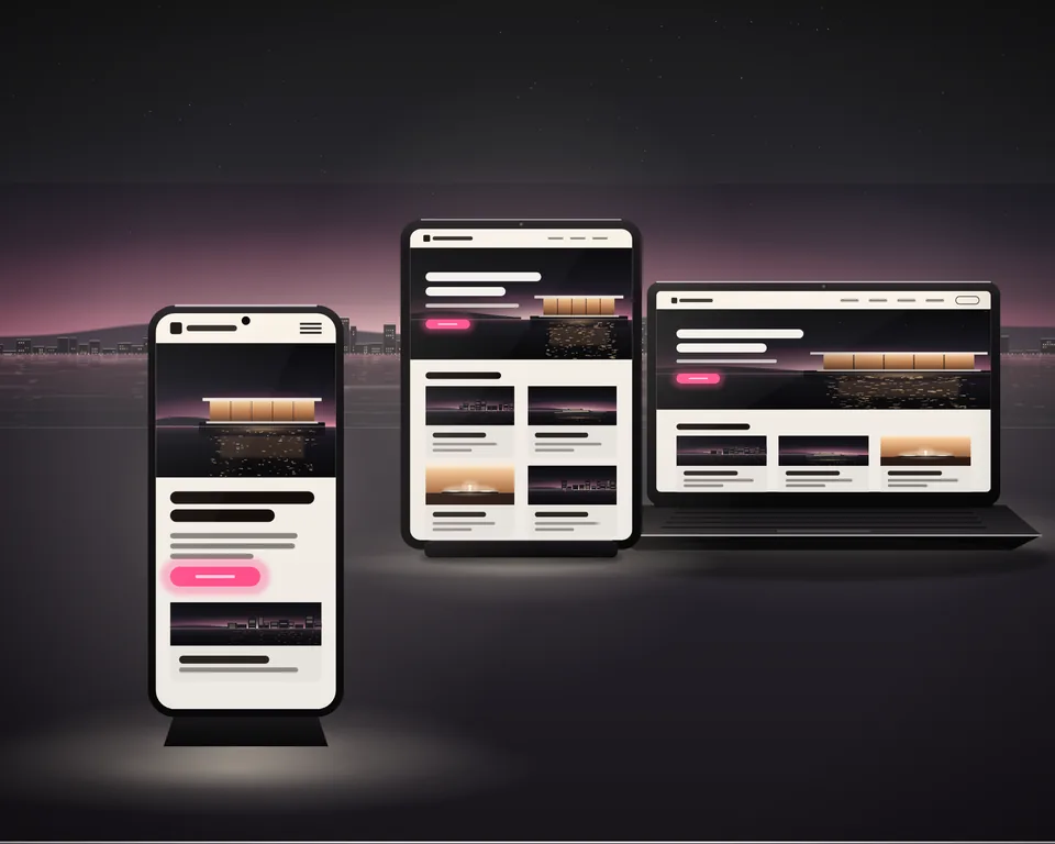 Illustration: one new website on three screens at dusk, a phone at the front, then a tablet and a laptop, its layout changing with each screen.