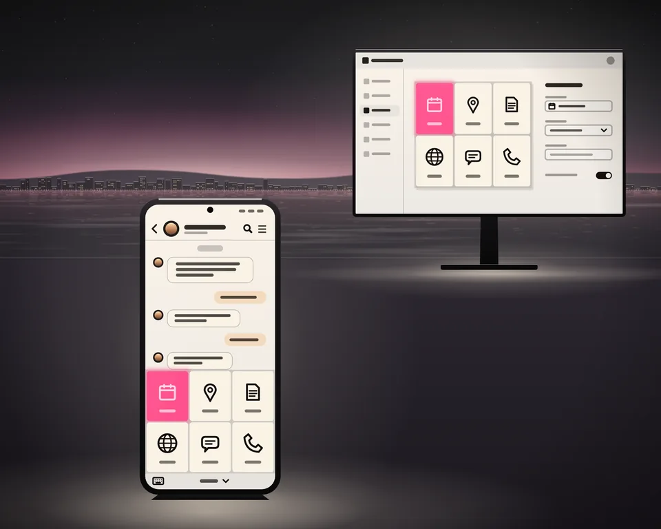 Illustration: a chat on a phone at dusk with its menu of six buttons open below it, the booking button lit, and the same menu being set up on a screen behind.