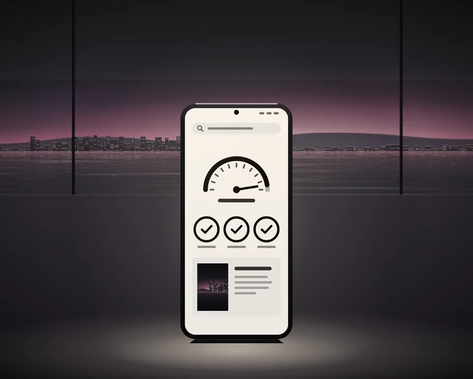 Illustration: a page test on a phone at dusk, a speed dial with its needle near the top of the scale and three full score rings, each ticked.