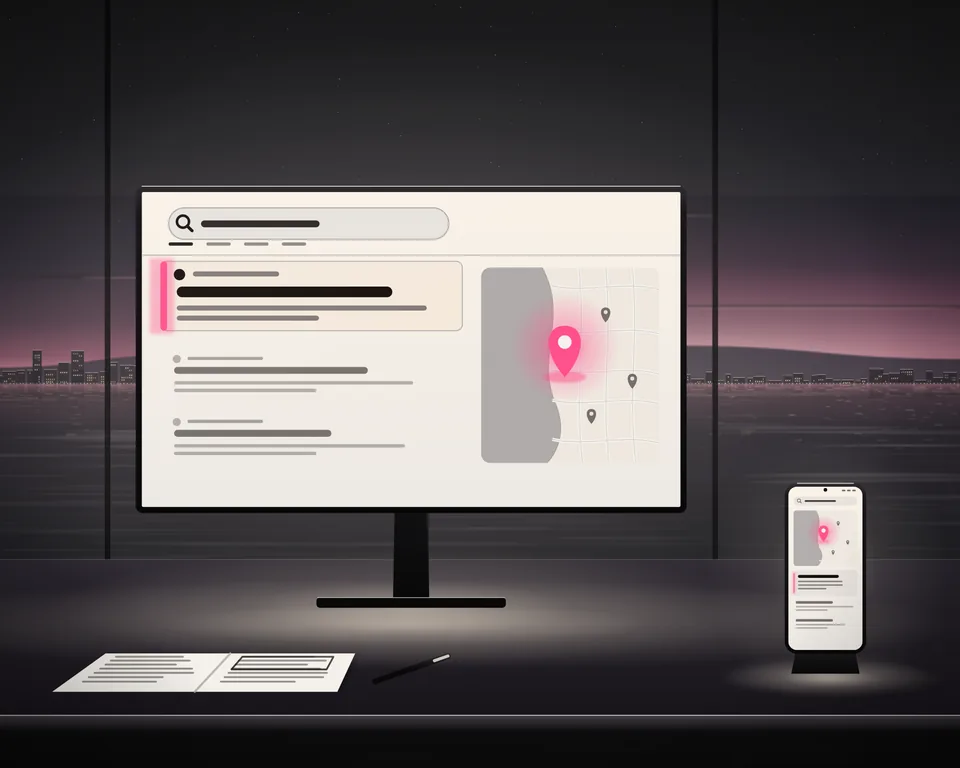 Illustration: search results on a large screen at dusk, one result lit and a pin on a map of the bay, the same result on a phone.