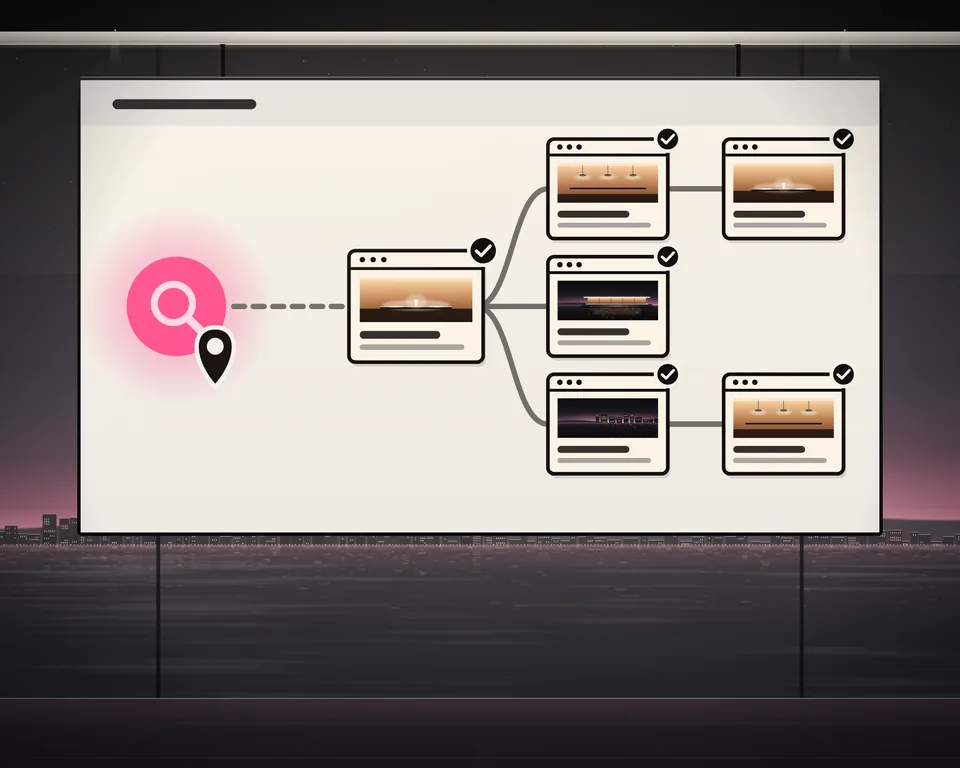 Illustration: a website as search engines see it, on a large screen at dusk: the search engine and a map pin reach the home page and every page linked under it, each page ticked as found.