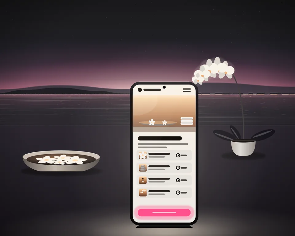 Illustration: a spa’s website on a phone at dusk, its treatments with how long each takes and a lit button to book, beside a bowl of floating frangipani and a white orchid.