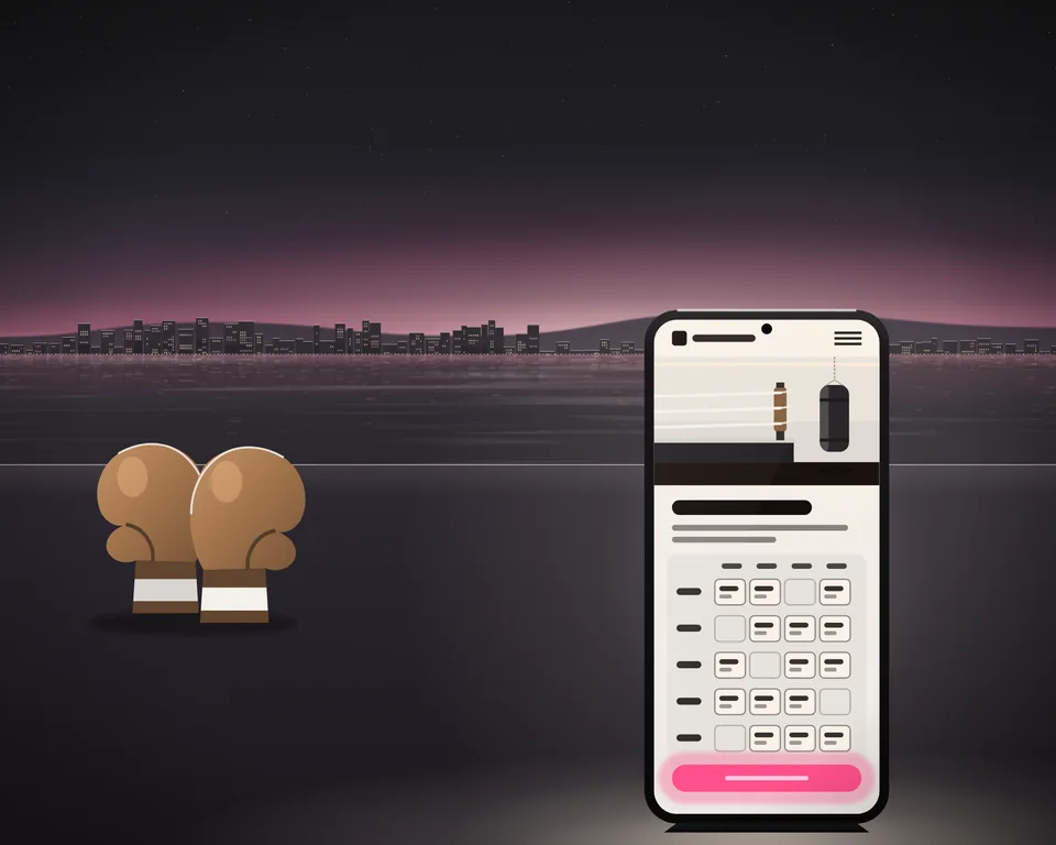 Illustration: a gym’s website on a phone at dusk, its picture of a boxing ring and a heavy bag, its week’s timetable and a lit button to book a trial, beside a pair of brown boxing gloves on the counter.
