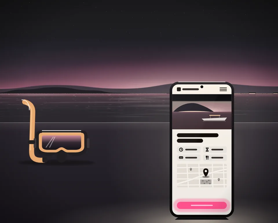 Illustration: a tour operator’s website on a phone at dusk, a tour with a small boat at an island, its times, pick-up and meeting point on a map and a lit button to book, beside a snorkel mask and snorkel.
