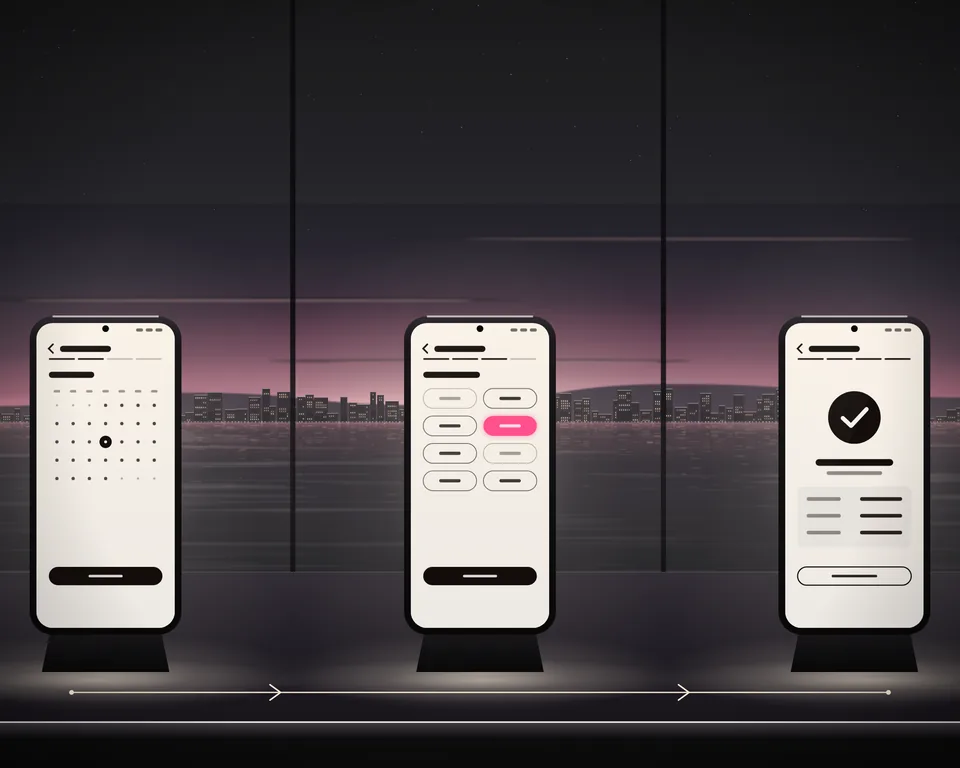 Illustration: three phones in a row at dusk showing the steps of a booking, a day, a time and the confirmation, joined by a line of light.
