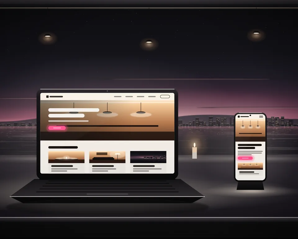 Illustration: a new website on a laptop and the same site on a phone, on a terrace table at dusk with the bay beyond.