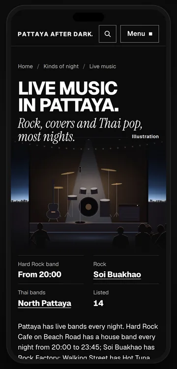 Live music in Pattaya on a phone: an illustration of a stage and the nights each band plays.