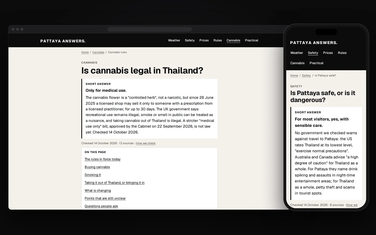 Die Seite zu den Cannabis-Regeln auf dem Computer, ihre Antwort in einer Zeile, datiert auf den 14. Oktober 2026, und die Antwort zur Sicherheit auf dem Handy.