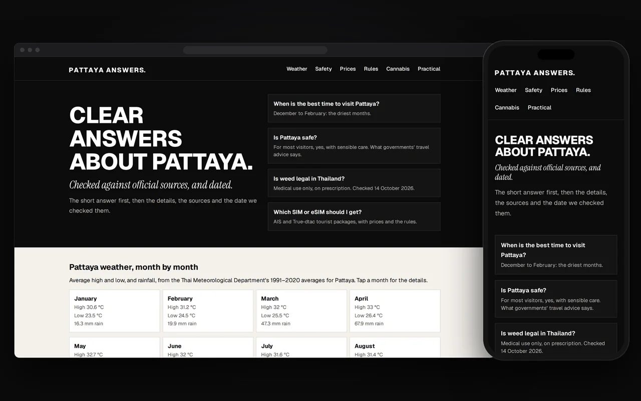 Pattaya Answers on a computer and a phone: the headline “Clear answers about Pattaya”, the promise of official sources and dates, and four common questions answered in a line.