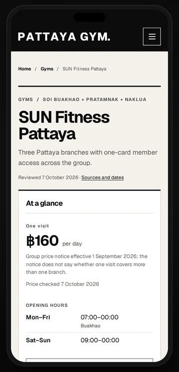 SUN Fitness on a phone: its price for one visit, the date that price was checked, and its opening hours.