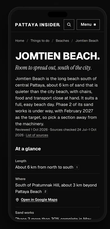 Jomtien Beach on a phone, with its facts at a glance and their sources.