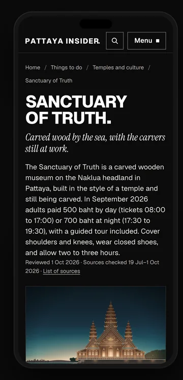 The Sanctuary of Truth on a phone: its name, a line in italics and the prices and ticket times, checked on their dates.