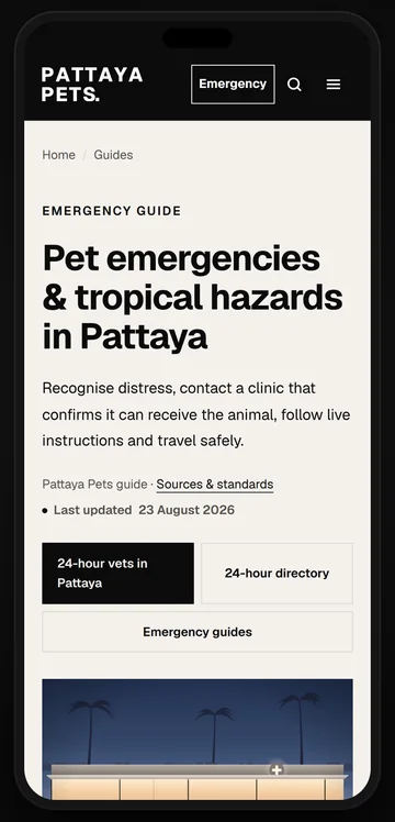 Pet emergencies on a phone: what to do first, the 24-hour vets one tap away, and an illustration of a lit clinic under palm trees at night.