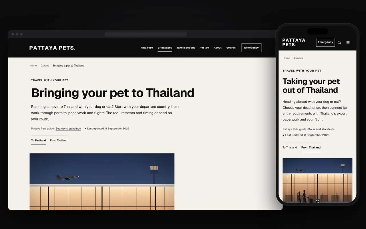 Bringing your pet to Thailand on a computer, with an illustration of a plane taking off over a lit airport terminal at dusk, and taking your pet out of Thailand on a phone, with travellers and their bags in the terminal.