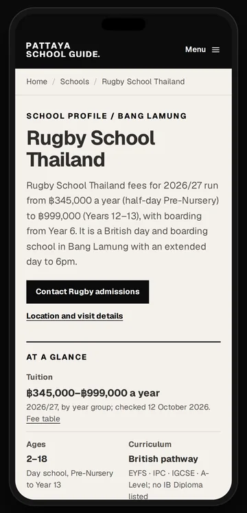 One profile on a phone: 2026/27 fees by grade, a button to that school’s admissions page and its key facts.