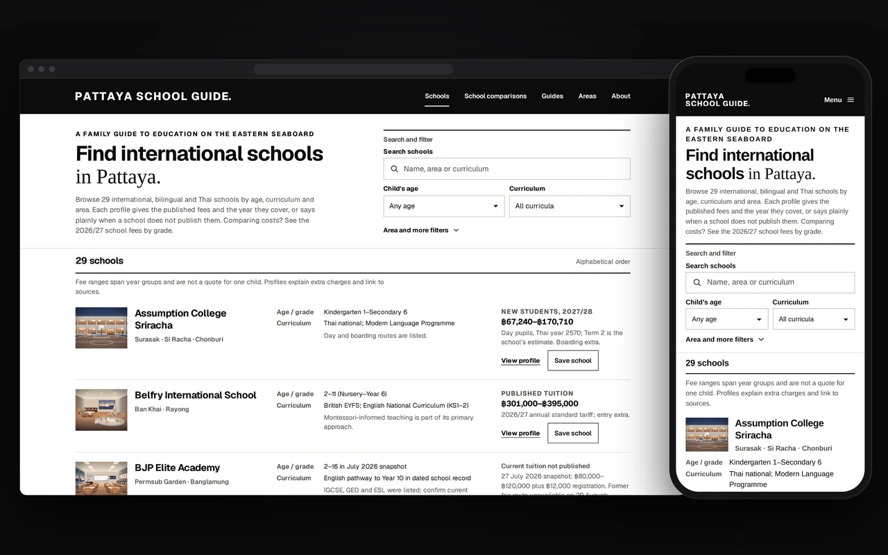 The guide on a computer and a phone: one search across names, areas and curricula, filters for age and curriculum, and the first profiles listed with their fees.