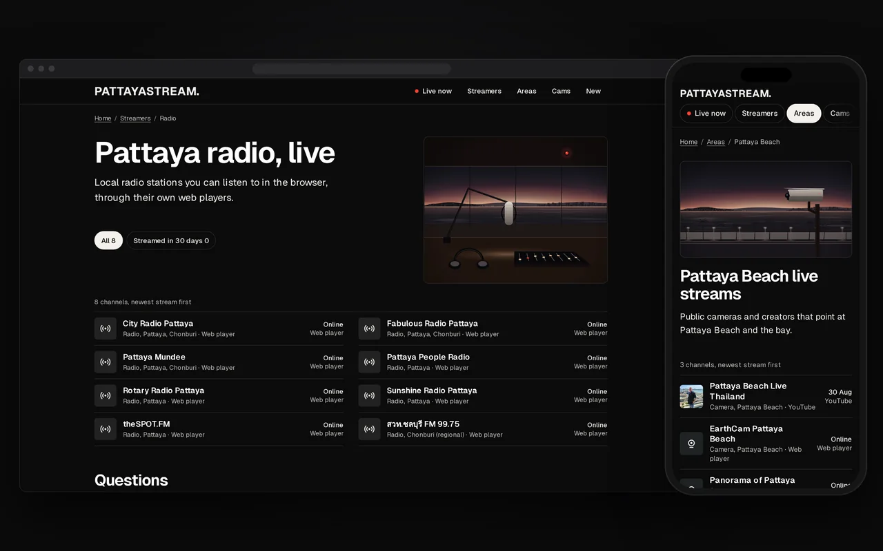 Lokalradio auf dem Computer, acht Sender mit ihren Webplayern, und die Strandseite auf dem Handy mit den öffentlichen Webcams an der Bucht.