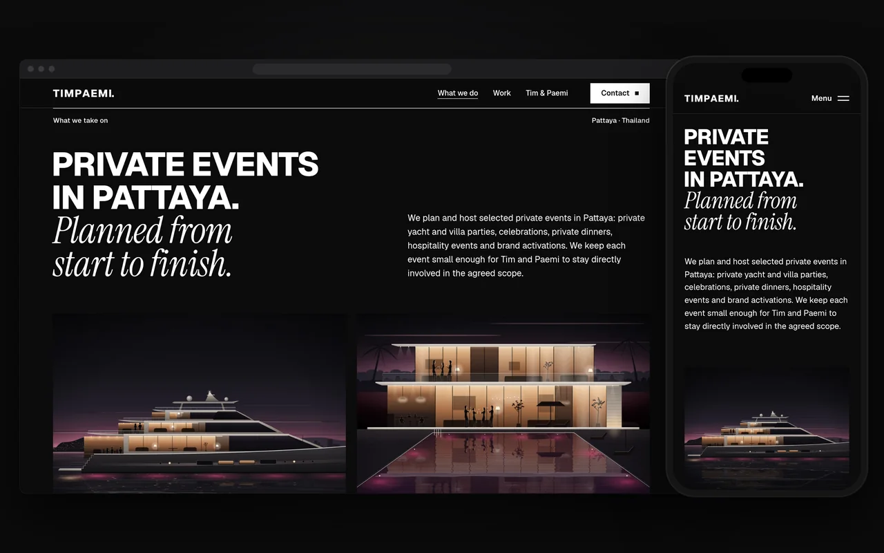 TimPaemi.com’s private events on a computer and a phone: “Private events in Pattaya. Planned from start to finish.” above illustrations of a yacht and a villa at dusk.