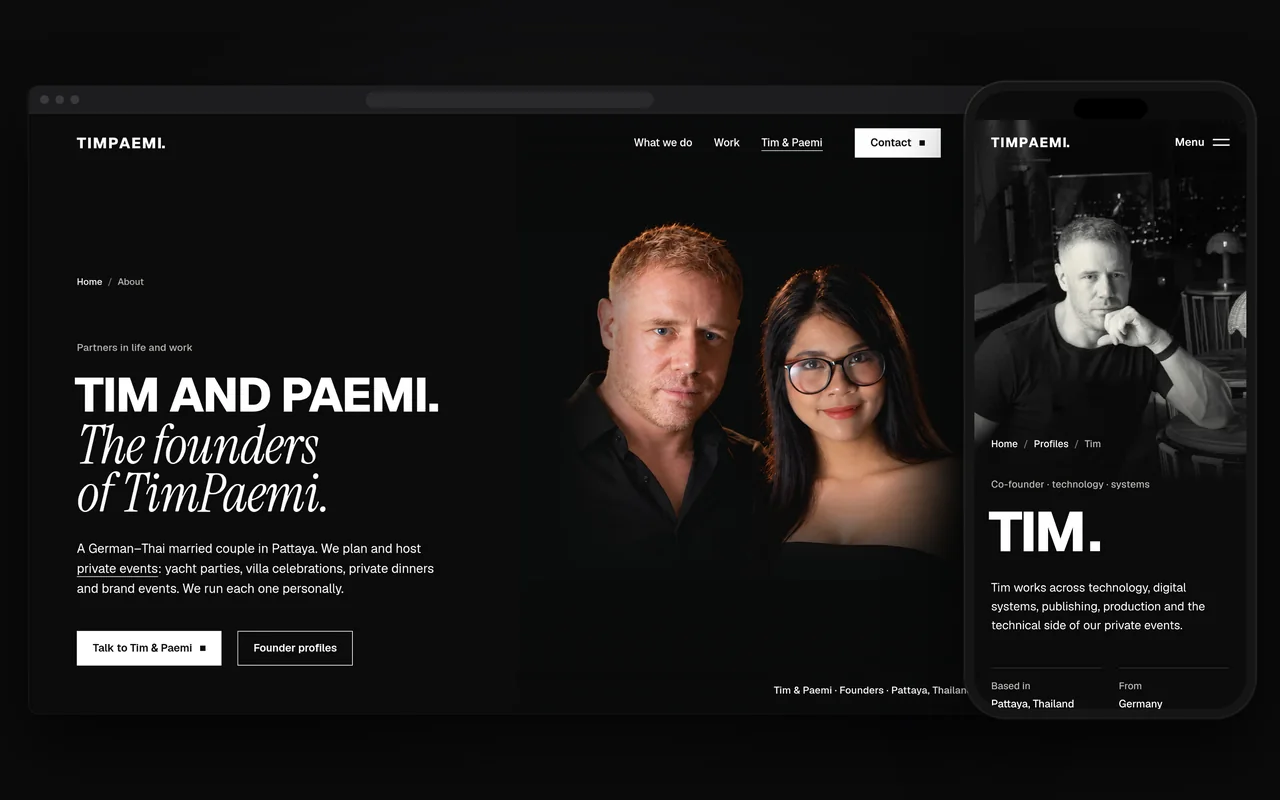 TimPaemi.com’s About page on a computer, “Tim and Paemi. The founders of TimPaemi.” beside their portrait, and on a phone Tim’s profile with his black and white photo.