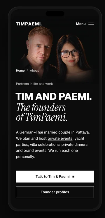 About on a phone: “Tim and Paemi. The founders of TimPaemi.” under their portrait.